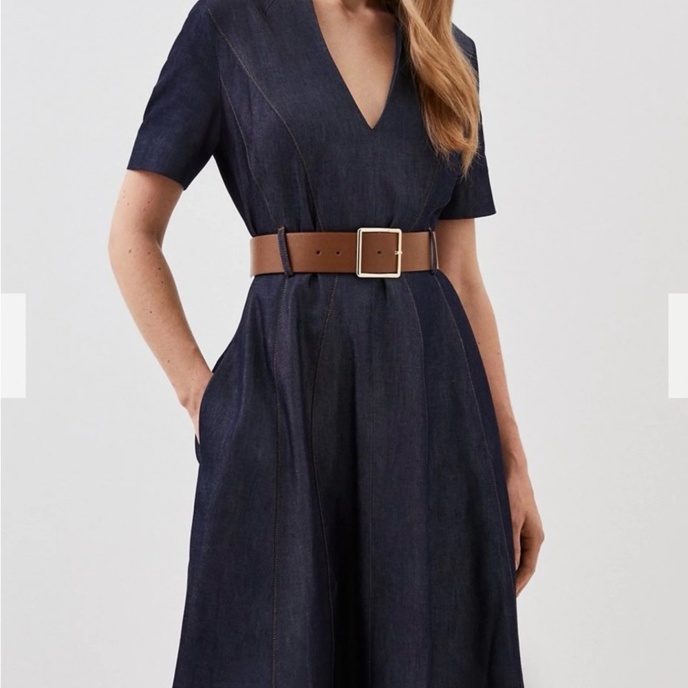 Karen Millen Dark Blue Denim Midi Dress with Brown Belt